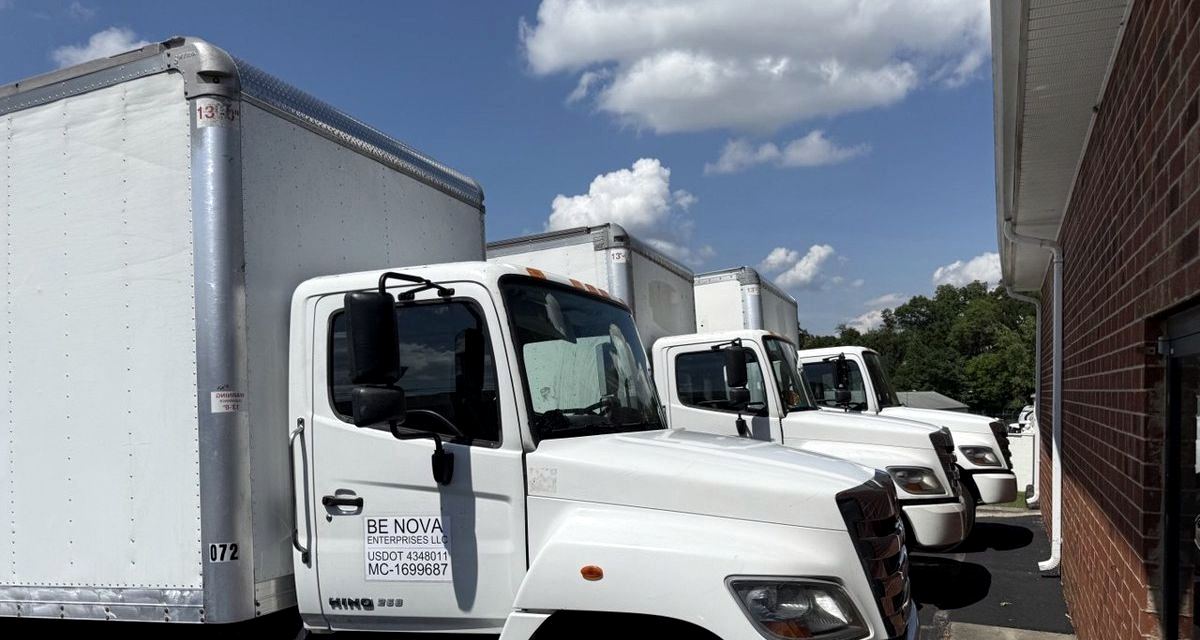 White box trucks; the door carries Be Nova Enterprises LLC with its U.S. DOT and MC numbers